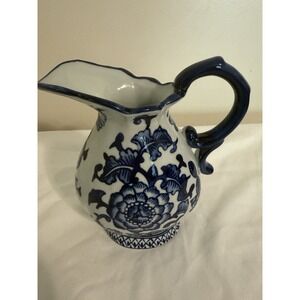 The Bombay Company Creamer Pitcher Cobalt Blue 6" Floral Vtg Ceramic Porcelain‎
